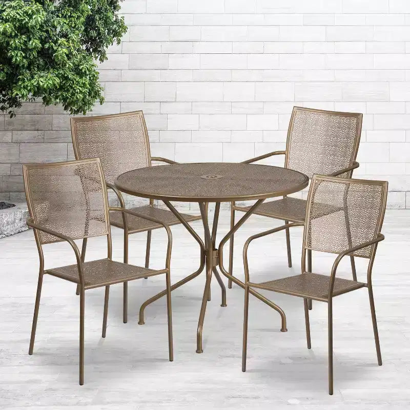 Ensemble table de jardin et terrasse ronde en métal de qualité commerciale Emma et Oliver de 35,25 po, 4 chaises à dossier carré