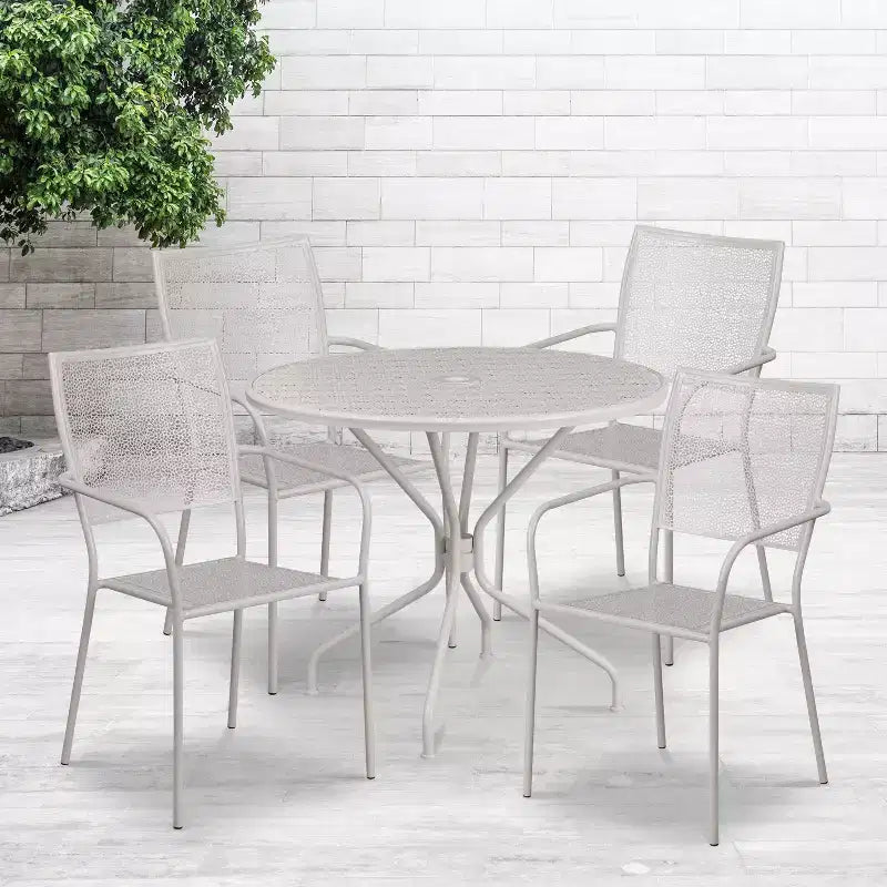 Ensemble table de jardin et terrasse ronde en métal de qualité commerciale Emma et Oliver de 35,25 po, 4 chaises à dossier carré