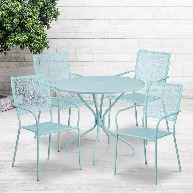 Ensemble table de jardin et terrasse ronde en métal de qualité commerciale Emma et Oliver de 35,25 po, 4 chaises à dossier carré
