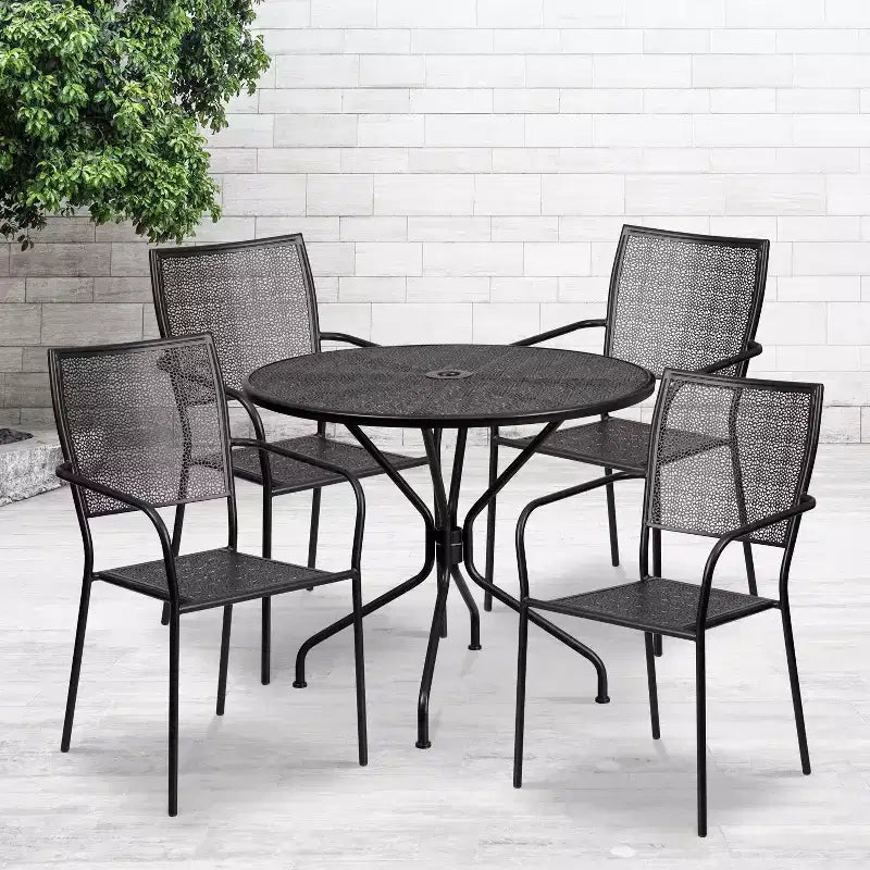 Ensemble table de jardin et terrasse ronde en métal de qualité commerciale Emma et Oliver de 35,25 po, 4 chaises à dossier carré
