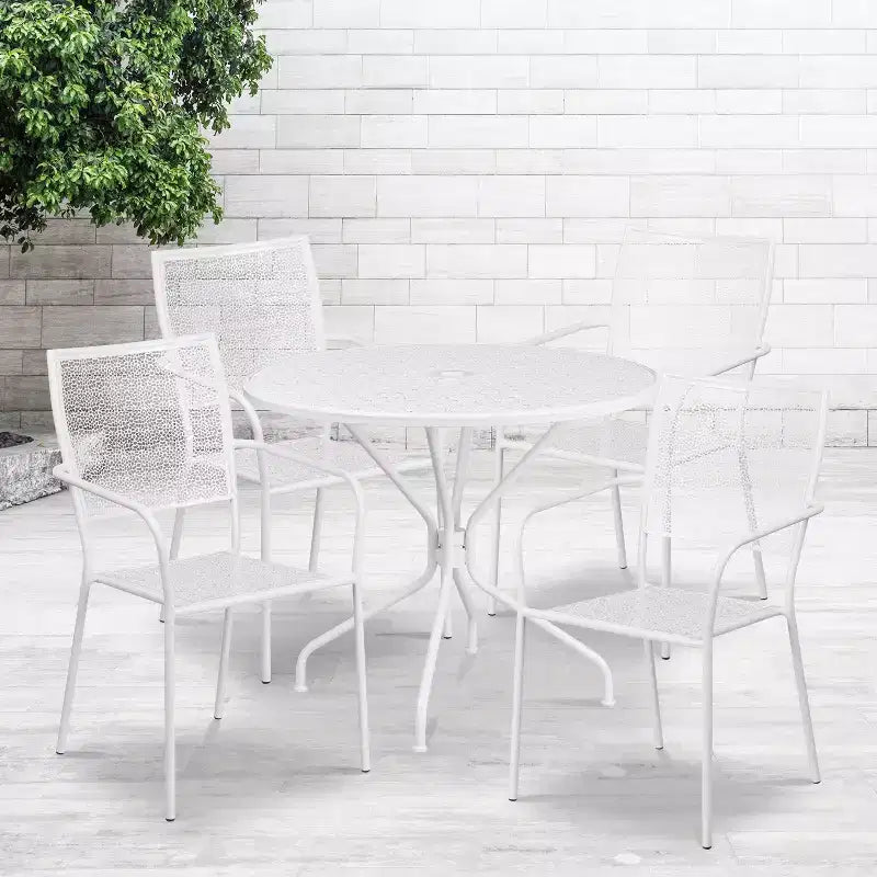 Ensemble table de jardin et terrasse ronde en métal de qualité commerciale Emma et Oliver de 35,25 po, 4 chaises à dossier carré
