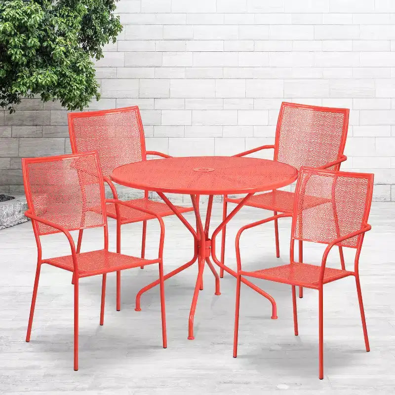 Ensemble table de jardin et terrasse ronde en métal de qualité commerciale Emma et Oliver de 35,25 po, 4 chaises à dossier carré