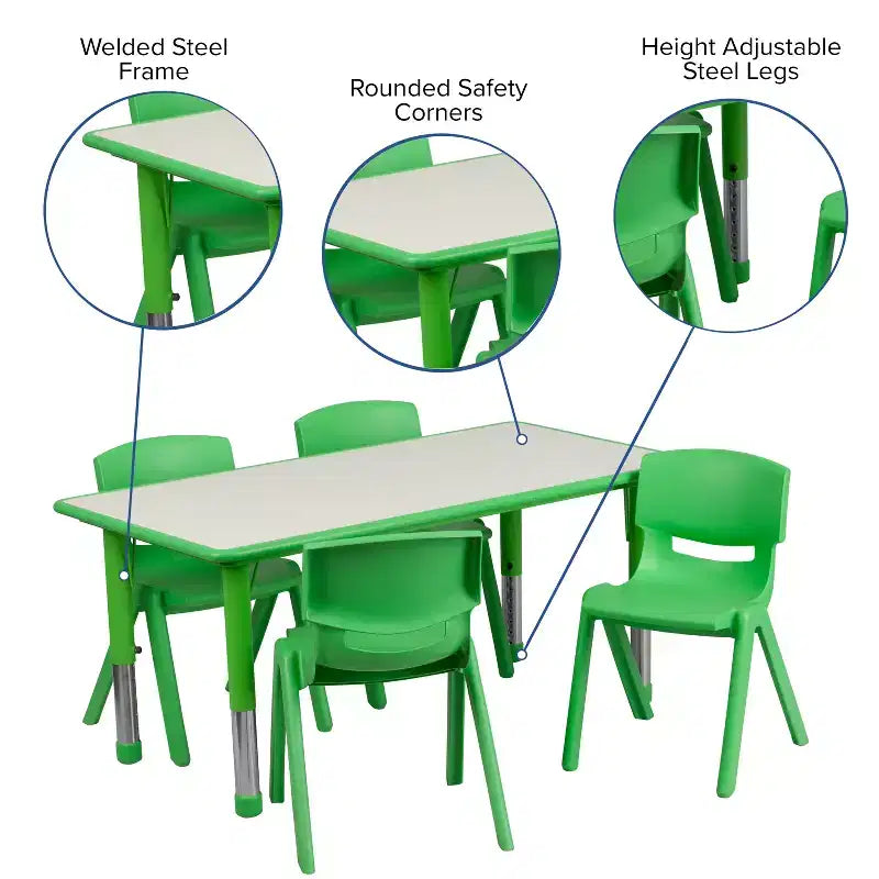 Emma et Oliver Ensemble de table d'activités rectangulaire en plastique réglable en hauteur, 23,625" L x 47,25" P, avec 4 chaises