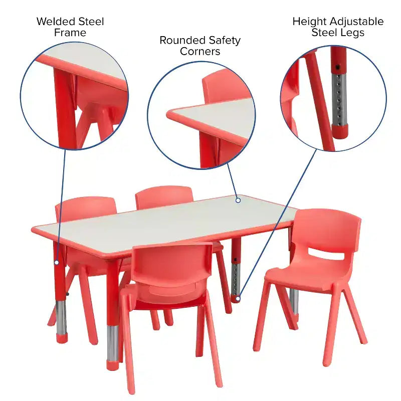 Emma et Oliver Ensemble de table d'activités rectangulaire en plastique réglable en hauteur, 23,625" L x 47,25" P, avec 4 chaises