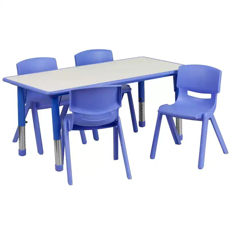 Emma and Oliver 23.625W x 47.25L Rectangular Plastic Height Adjustable Activity Table Set with 4 Chairs