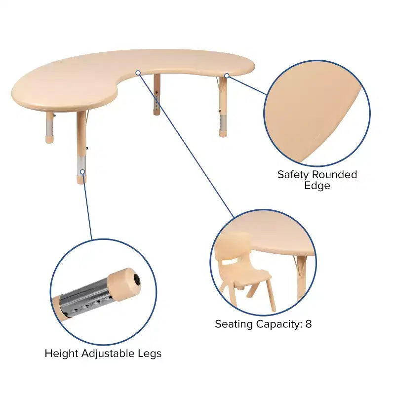 Ensemble de table d'activités en plastique demi-lune Emma et Oliver 35 po L x 65 po l réglable en hauteur avec 4 chaises