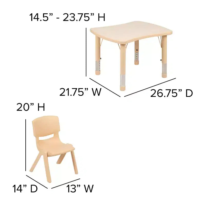 Emma et Oliver Table d'activités rectangulaire en plastique réglable en hauteur, 21,875 po (l) x 26,625 po (L), avec 4 chaises