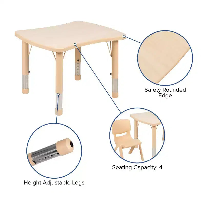 Emma et Oliver Table d'activités rectangulaire en plastique réglable en hauteur, 21,875 po (l) x 26,625 po (L), avec 4 chaises