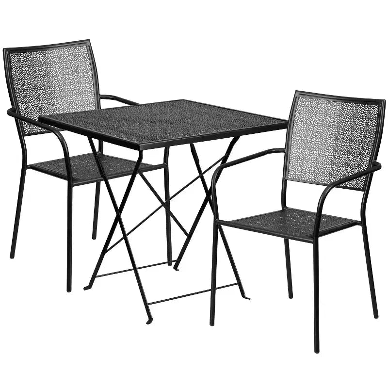 Emma and Oliver Commercial 28 Square Metal Folding Patio Table Set w/ 2 Square Back Chairs