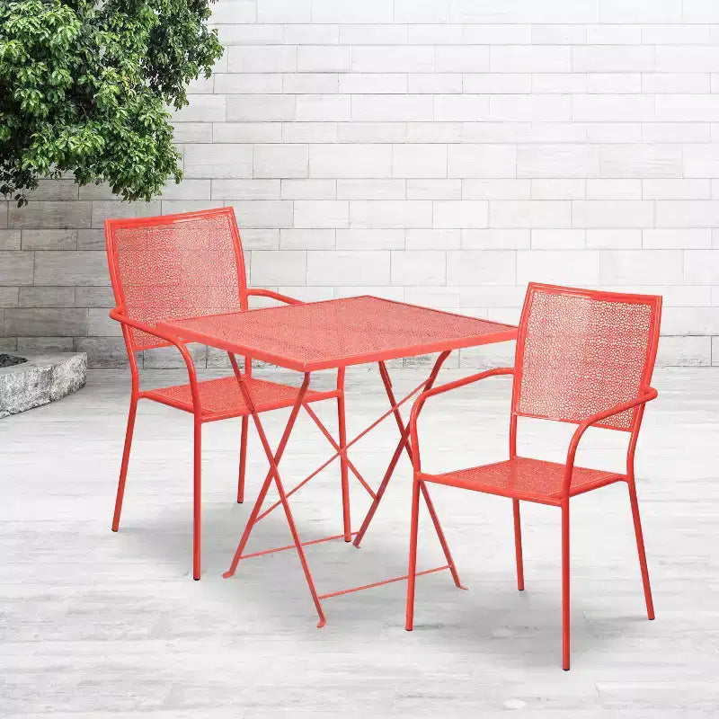 Ensemble table de jardin pliante carrée en métal Emma et Oliver Commercial 28 po avec 2 chaises à dossier carré