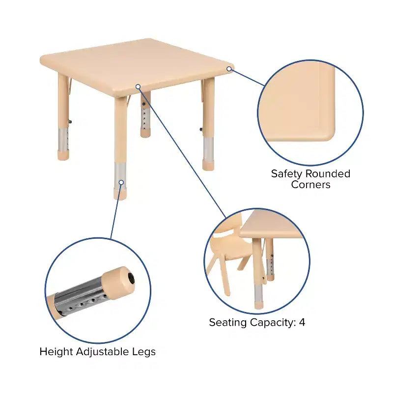 Emma et Oliver Ensemble Table d'activités Carrée en Plastique Réglable en Hauteur 24 po avec 2 Chaises