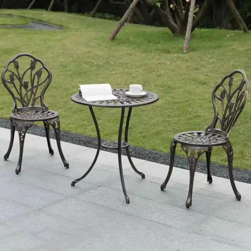 Gardenised Ensemble repas bronze intérieur et extérieur 2 chaises avec 1 table Bistro Patio en aluminium moulé.