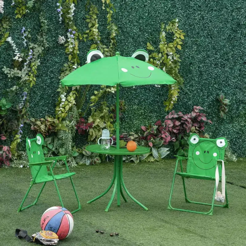 Ensemble table et chaises pliantes Outsunny pour enfants, table de pique-nique avec motif grenouille, parasol amovible et réglable en hauteur pour jardin, arrière-cour, vert