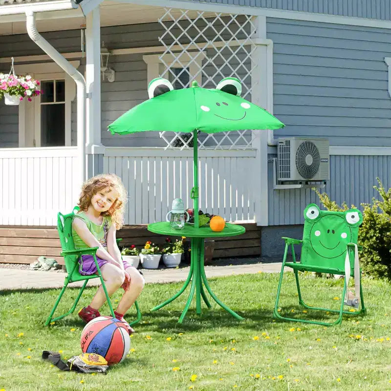 Ensemble table et chaises pliantes Outsunny pour enfants, table de pique-nique avec motif grenouille, parasol amovible et réglable en hauteur pour jardin, arrière-cour, vert