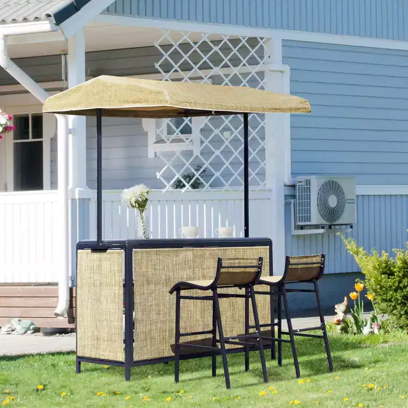 Ensemble de bar d'extérieur Outsunny 3 pièces pour 2 avec auvent, table rectangulaire avec étagères de rangement et deux chaises de bar, maille respirante