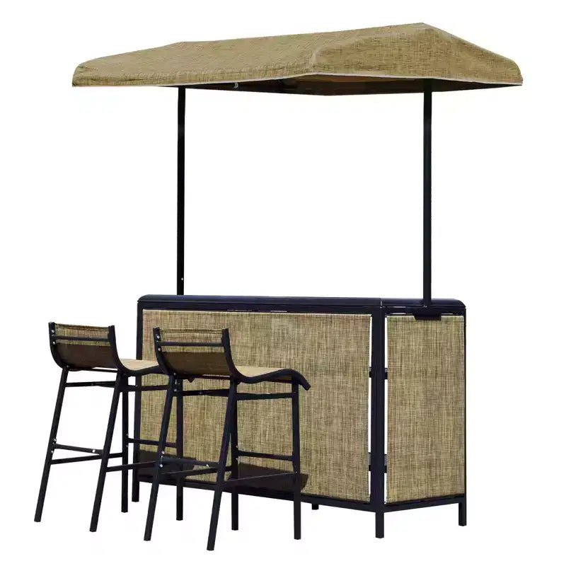 Ensemble de bar d'extérieur Outsunny 3 pièces pour 2 avec auvent, table rectangulaire avec étagères de rangement et deux chaises de bar, maille respirante
