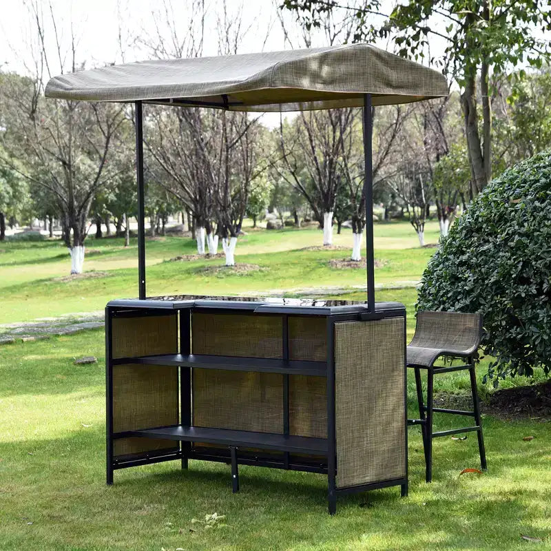 Ensemble de bar d'extérieur Outsunny 3 pièces pour 2 avec auvent, table rectangulaire avec étagères de rangement et deux chaises de bar, maille respirante