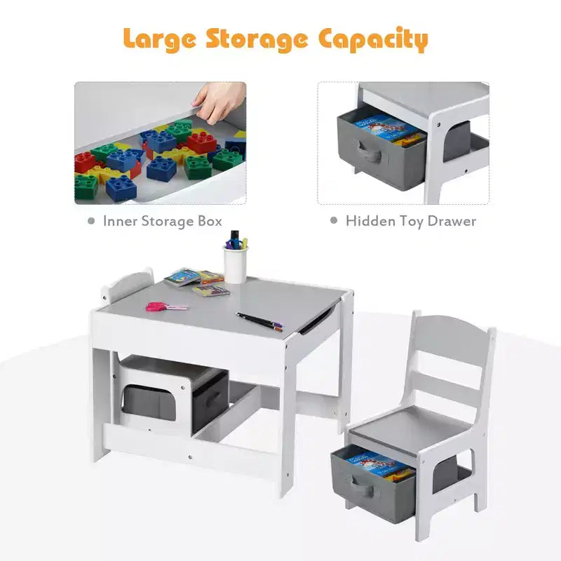 Ensemble Table et Chaises pour Enfants Costway avec Boîtes de Rangement Tableau Noir Tableau Blanc à Dessin Gris Naturel