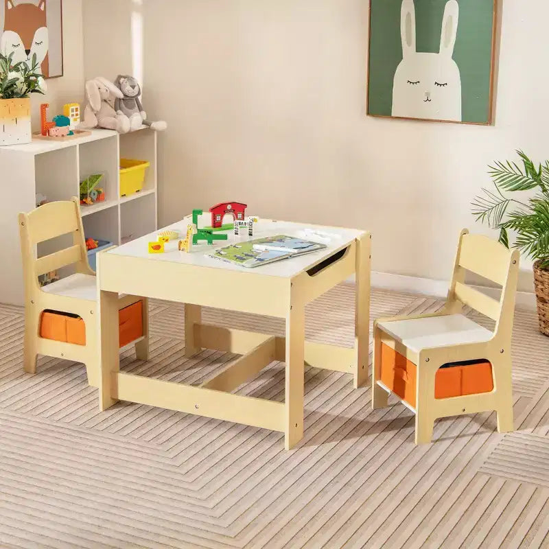 Ensemble Table et Chaises pour Enfants Costway avec Boîtes de Rangement Tableau Noir Tableau Blanc à Dessin Gris Naturel