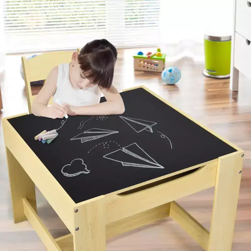 Ensemble Table et Chaises pour Enfants Costway avec Boîtes de Rangement Tableau Noir Tableau Blanc à Dessin Gris Naturel