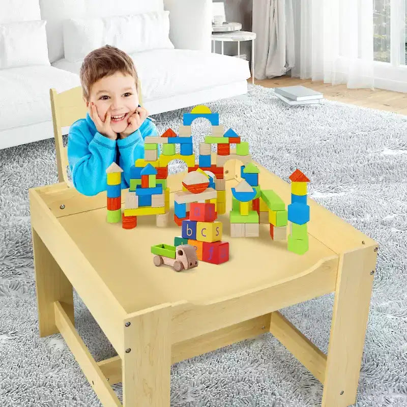Ensemble Table et Chaises pour Enfants Costway avec Boîtes de Rangement Tableau Noir Tableau Blanc à Dessin Gris Naturel