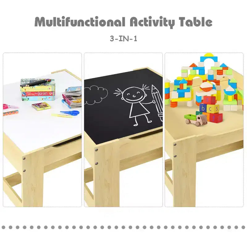 Ensemble Table et Chaises pour Enfants Costway avec Boîtes de Rangement Tableau Noir Tableau Blanc à Dessin Gris Naturel