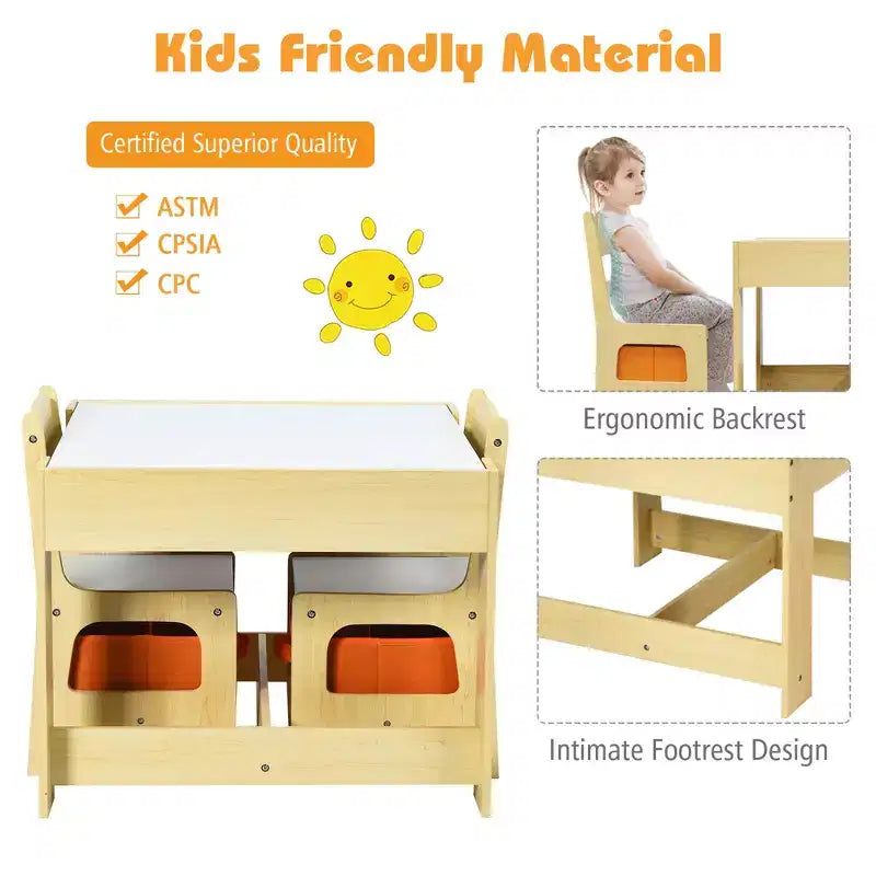 Ensemble Table et Chaises pour Enfants Costway avec Boîtes de Rangement Tableau Noir Tableau Blanc à Dessin Gris Naturel
