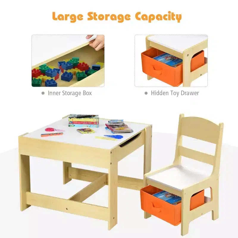 Ensemble Table et Chaises pour Enfants Costway avec Boîtes de Rangement Tableau Noir Tableau Blanc à Dessin Gris Naturel