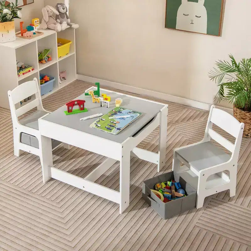 Ensemble Table et Chaises pour Enfants Costway avec Boîtes de Rangement Tableau Noir Tableau Blanc à Dessin Gris Naturel