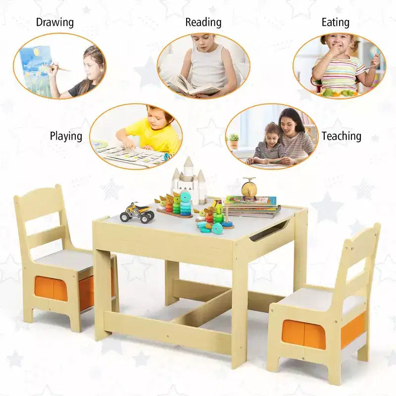 Ensemble Table et Chaises pour Enfants Costway avec Boîtes de Rangement Tableau Noir Tableau Blanc à Dessin Gris Naturel