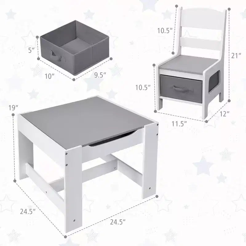 Ensemble Table et Chaises pour Enfants Costway avec Boîtes de Rangement Tableau Noir Tableau Blanc à Dessin Gris Naturel