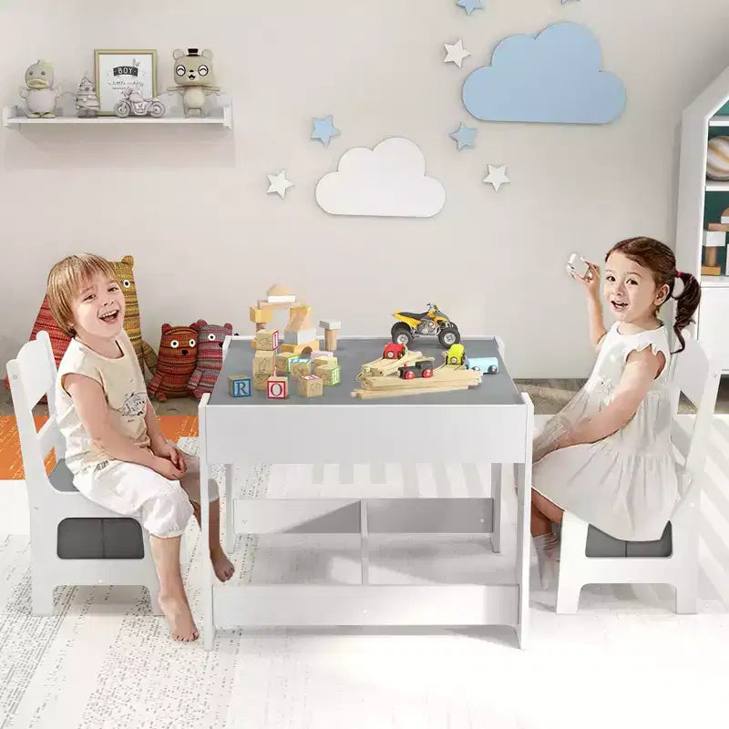 Ensemble Table et Chaises pour Enfants Costway avec Boîtes de Rangement Tableau Noir Tableau Blanc à Dessin Gris Naturel