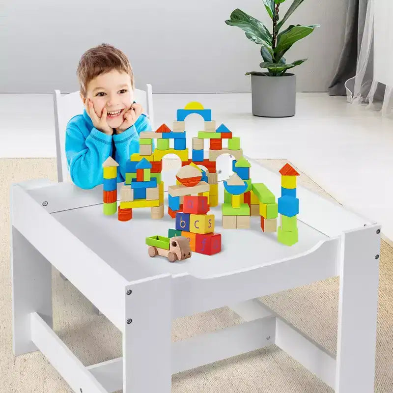 Ensemble Table et Chaises pour Enfants Costway avec Boîtes de Rangement Tableau Noir Tableau Blanc à Dessin Gris Naturel