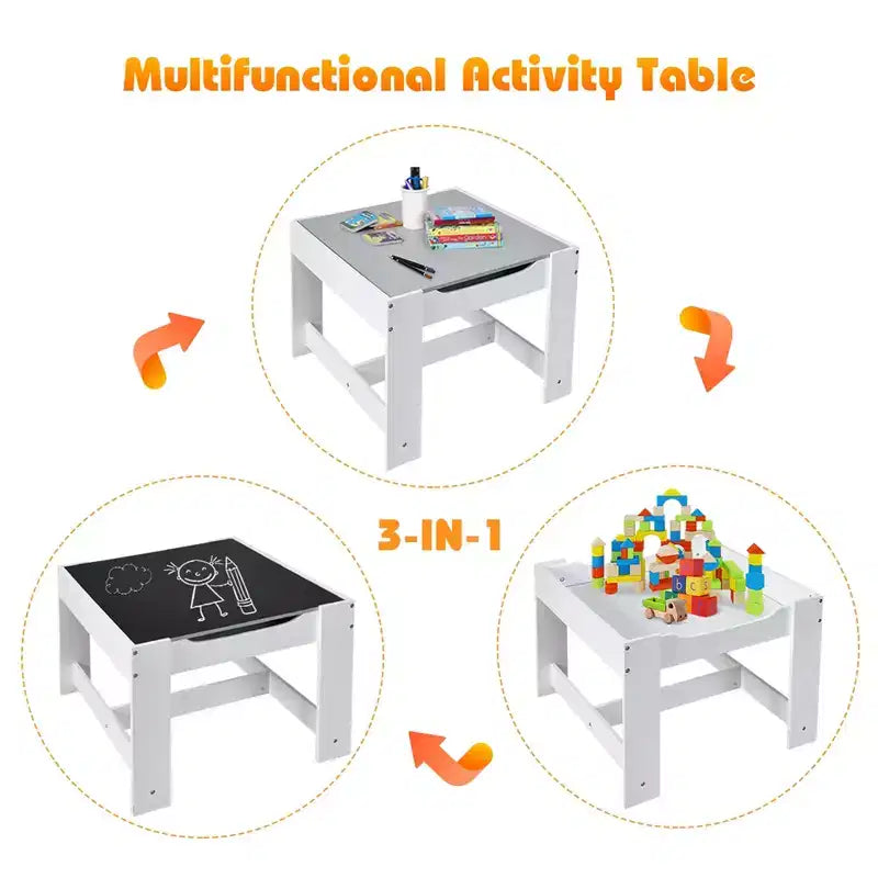 Ensemble Table et Chaises pour Enfants Costway avec Boîtes de Rangement Tableau Noir Tableau Blanc à Dessin Gris Naturel