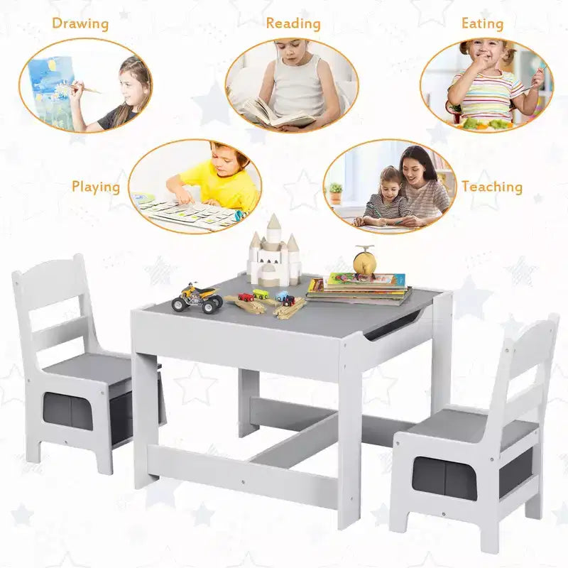 Ensemble Table et Chaises pour Enfants Costway avec Boîtes de Rangement Tableau Noir Tableau Blanc à Dessin Gris Naturel
