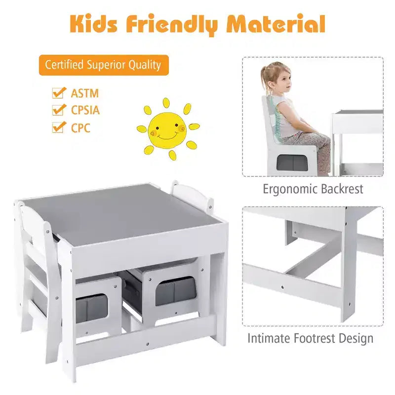 Ensemble Table et Chaises pour Enfants Costway avec Boîtes de Rangement Tableau Noir Tableau Blanc à Dessin Gris Naturel