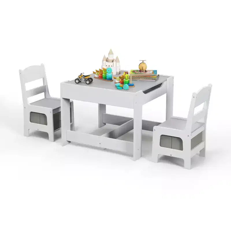 Costway Kids Table Chairs Set With Storage Boxes Blackboard Whiteboard Drawing GreyNature