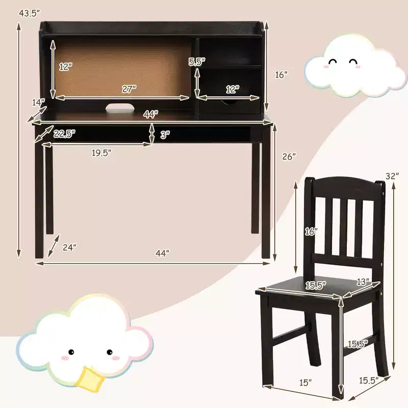 Bureau et chaise Costway pour enfants, table d'étude et d'écriture avec étagère et bibliothèques