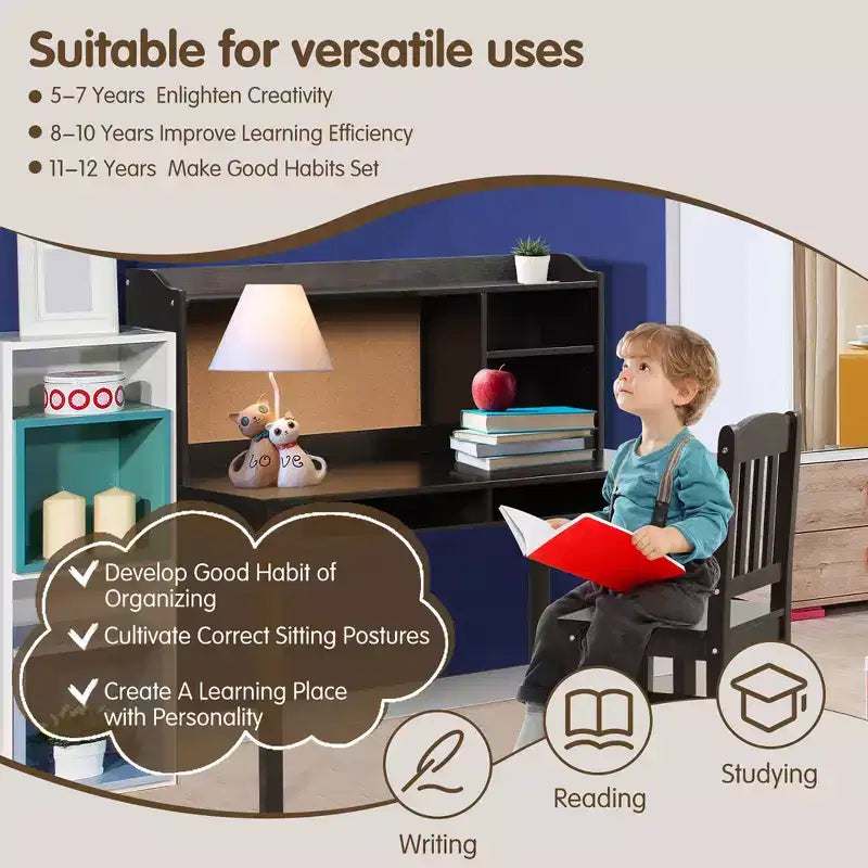 Bureau et chaise Costway pour enfants, table d'étude et d'écriture avec étagère et bibliothèques
