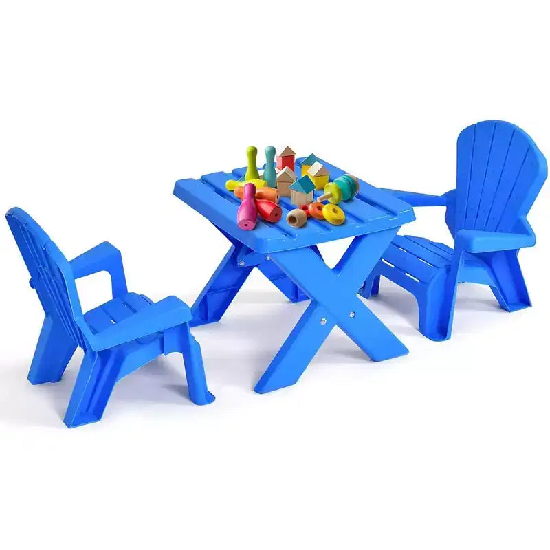 Costway Ensemble table et 2 chaises pour enfants, 3 pièces, mobilier de jeu en plastique, intérieur/extérieur, bleu
