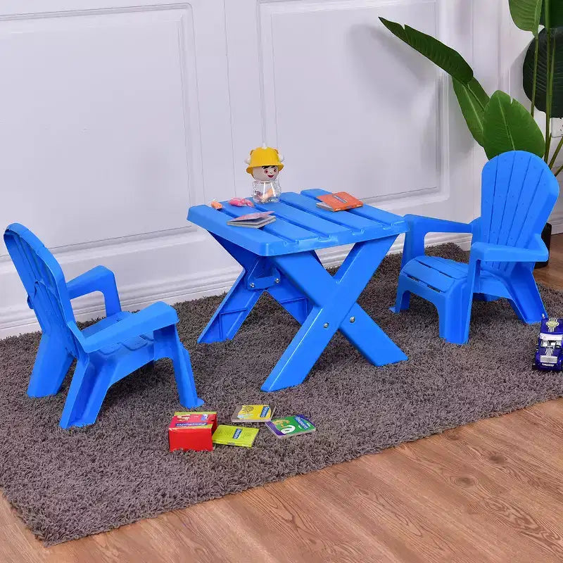 Costway Ensemble table et 2 chaises pour enfants, 3 pièces, mobilier de jeu en plastique, intérieur/extérieur, bleu