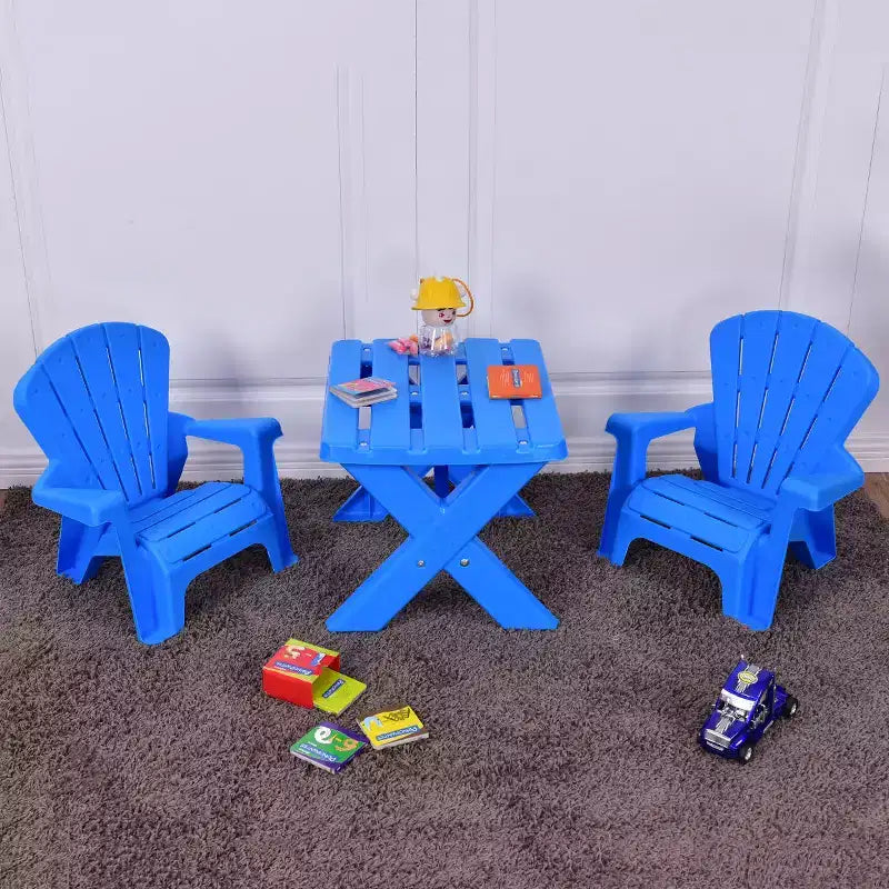 Costway Ensemble table et 2 chaises pour enfants, 3 pièces, mobilier de jeu en plastique, intérieur/extérieur, bleu