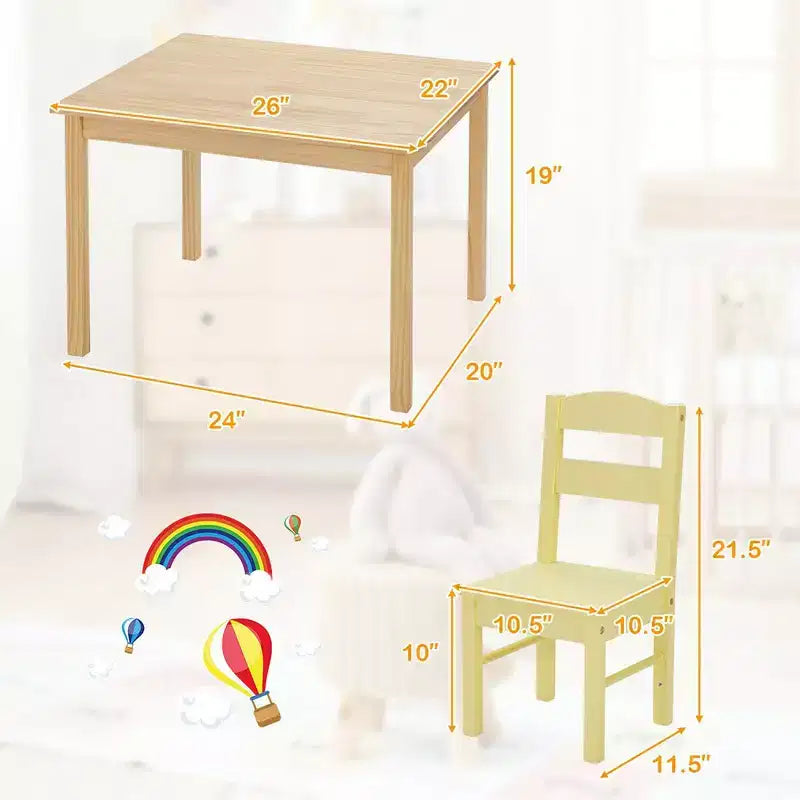 Costway Enfants Ensemble Table et 4 Chaises Bois de Pin Multicolore Mobilier Salle de Jeux pour Enfants