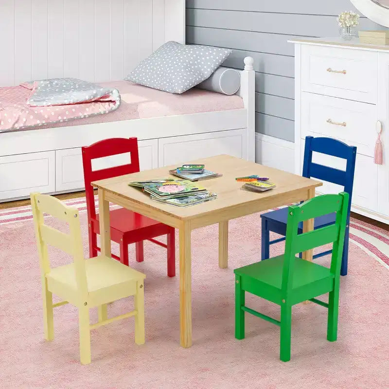 Costway Enfants Ensemble Table et 4 Chaises Bois de Pin Multicolore Mobilier Salle de Jeux pour Enfants