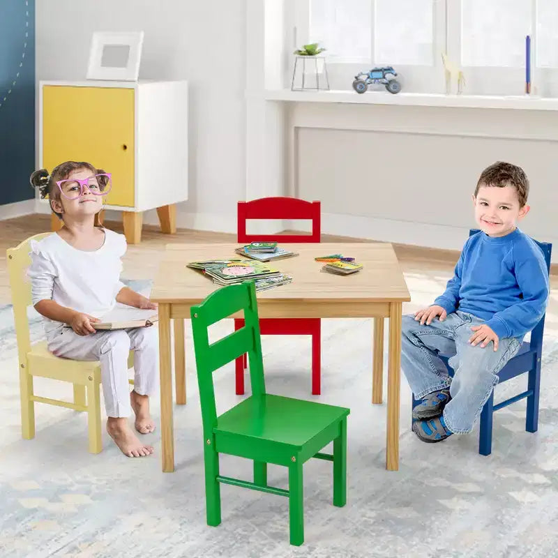 Costway Enfants Ensemble Table et 4 Chaises Bois de Pin Multicolore Mobilier Salle de Jeux pour Enfants