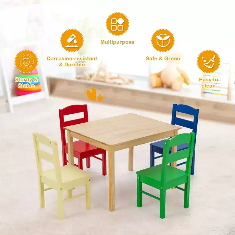 Costway Enfants Ensemble Table et 4 Chaises Bois de Pin Multicolore Mobilier Salle de Jeux pour Enfants
