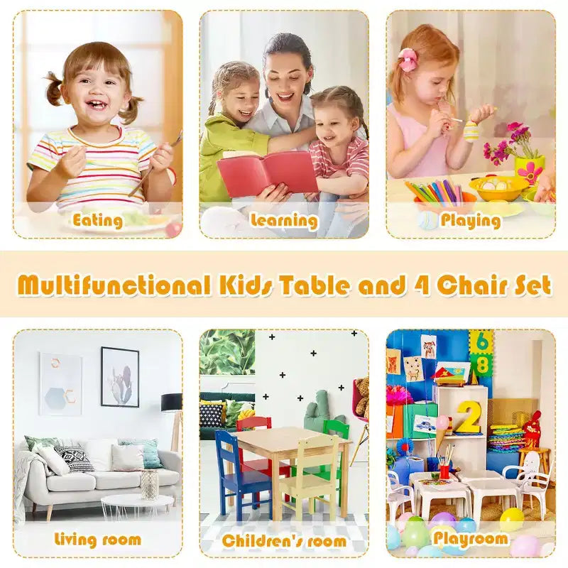 Costway Enfants Ensemble Table et 4 Chaises Bois de Pin Multicolore Mobilier Salle de Jeux pour Enfants