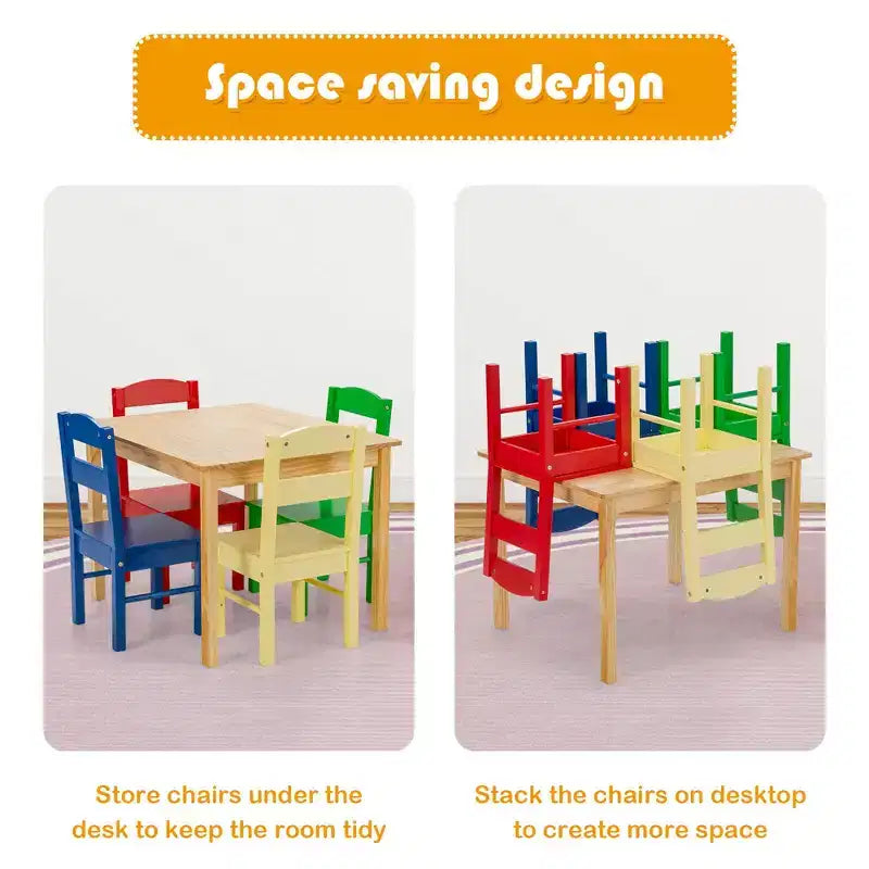 Costway Enfants Ensemble Table et 4 Chaises Bois de Pin Multicolore Mobilier Salle de Jeux pour Enfants