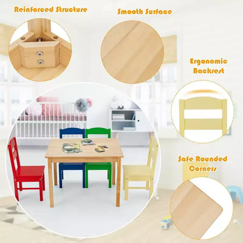 Costway Enfants Ensemble Table et 4 Chaises Bois de Pin Multicolore Mobilier Salle de Jeux pour Enfants