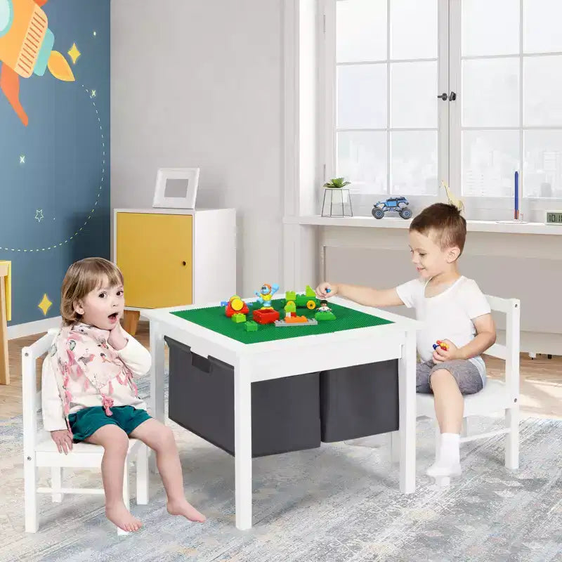 Table d'activités et 2 chaises 2-en-1 Costway pour enfants avec rangement et plateau de construction de blocs